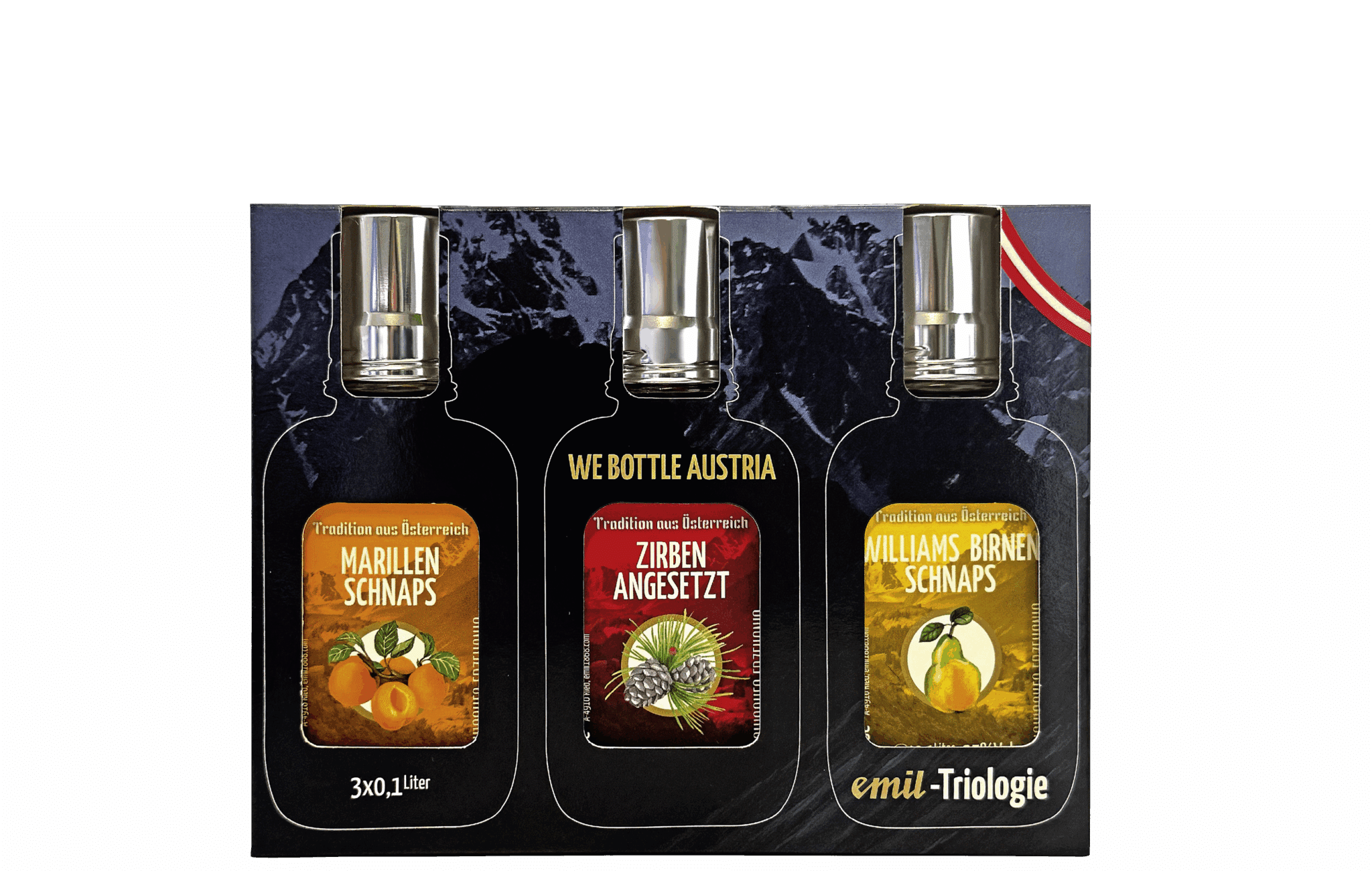 Marillen Schnaps 35%vol, Williams Birnen Schnaps 35%vol, Zirben Schnaps angesetzt 30%vol mit Stamperl Geschenkset – exklusive Geschenkidee von emil 1868